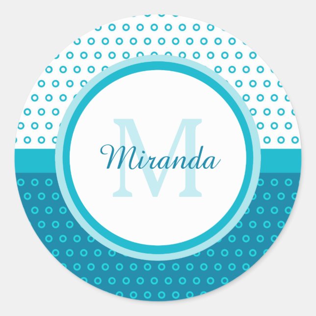 Pegatina Redonda Monograma de puntos de polka azul turquesa con nom (Anverso)