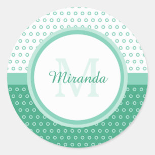 Pegatina Redonda Monograma de puntos de polka verde y blanco con no