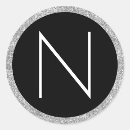 Pegatina Redonda Monograma de Purpurina blanco negro y plateado