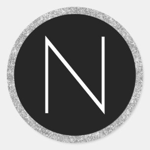 Pegatina Redonda Monograma de Purpurina blanco negro y plateado