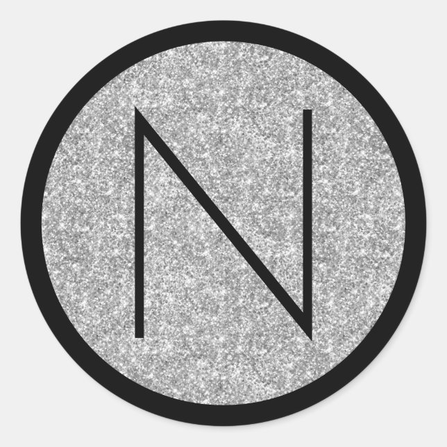 Pegatina Redonda Monograma de Purpurina negro y plateado (Anverso)