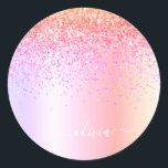 Pegatina Redonda Monograma de purpurina rosa dorada arcoíris pastel<br><div class="desc">Etiquetas adhesivas de dirección de papel con monograma y nombre de purpurina metálica de lámina falsa de colores dorado, naranja y rosa arcoíris pastel para fiestas. Esto hace el regalo perfecto para alguien que ama el lujo y los estilos chic en cumpleaños de 16, bodas, despedidas de soltera, aniversarios, baby...</div>