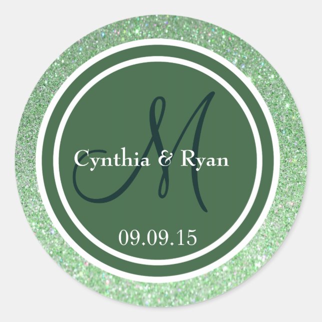 Pegatina Redonda Monograma de Purpurina verde y Boda verde de caza (Anverso)