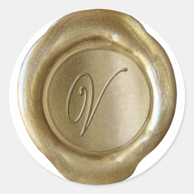 Pegatina Redonda Monograma de sellado de cera - Oro - Script V - (Anverso)