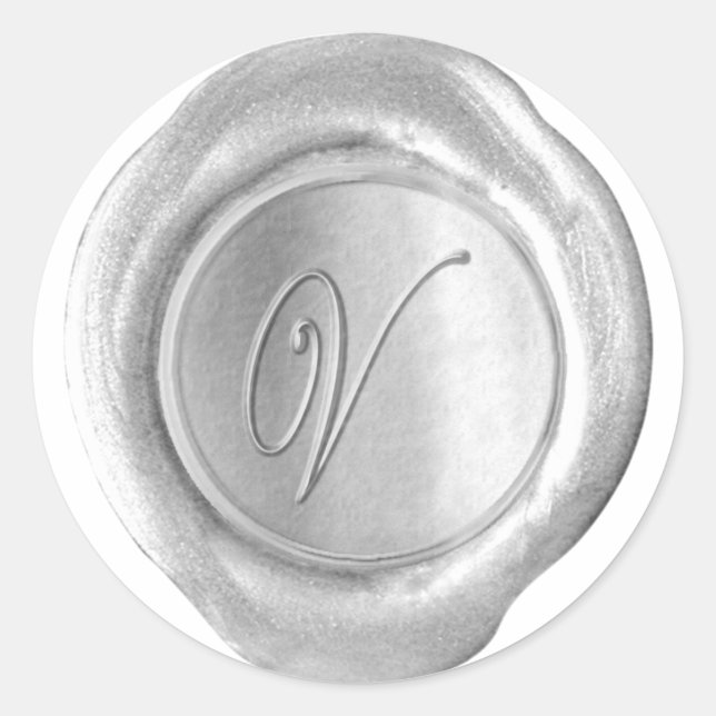 Pegatina Redonda Monograma de sellado de cera - Plata - Script V - (Anverso)