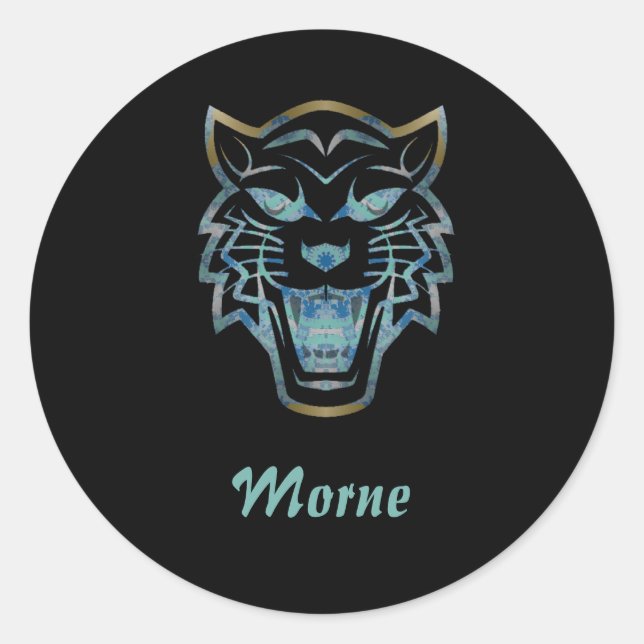 Pegatina Redonda Monograma de silueta de tigre azul degradado (Anverso)