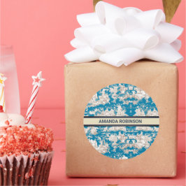 Pegatina Redonda Monograma de tela azul turquesa de jouy