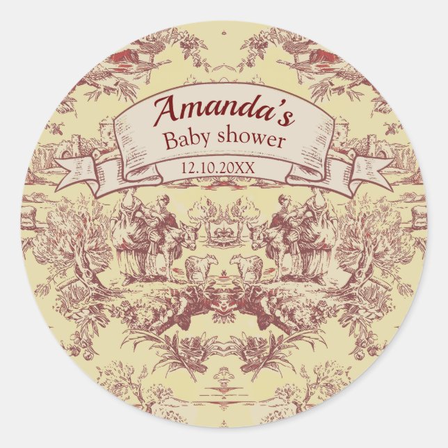 Pegatina Redonda Monograma de tela roja de jouy amarilla de lago vi (Anverso)