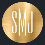 Pegatina Redonda Monograma de tres letras de Relieve metalizado dor<br><div class="desc">Un sencillo diseño monográfico de tres letras sobre pegatinas a favor. sellos para sobres monográficos de 3 letras en pareja boda. El fondo presenta una falsa gráfica de arte digital de Relieve metalizado metálico oscuro falso dorado. El efecto de arte digital se imprime como una foto con un diseño de...</div>