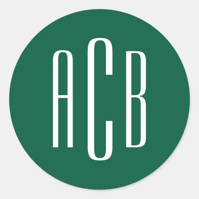 Pegatina Redonda Monograma de tres letras en verde cazador y blanco (Anverso)