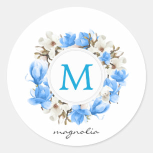 Pegatina Redonda Monograma de Wreath de Magnolia azul acuarela
