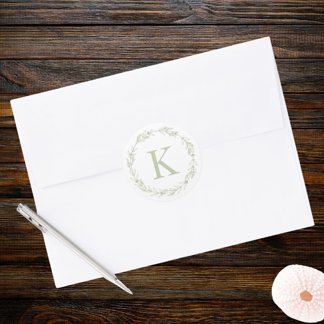 Pegatina Redonda Monograma de Wreath verde sabio (Subido por el creador)