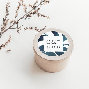 Pegatina Redonda Monograma del Boda botánico presionado