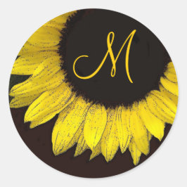 Pegatina Redonda Monograma del Boda de girasol amarillo alegre