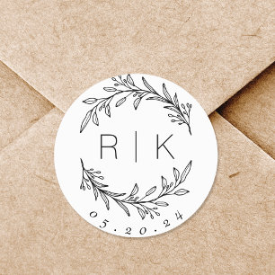 Pegatina Redonda Monograma del Boda de guirnaldas botánicas de arte