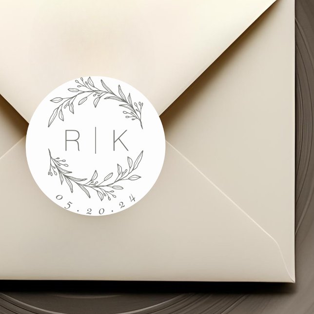 Pegatina Redonda Monograma del Boda de guirnaldas botánicas de la l (Subido por el creador)