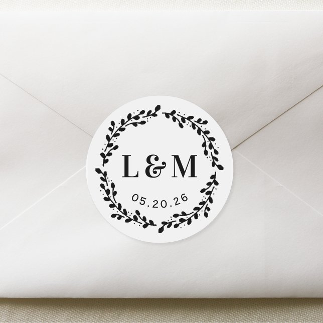 Pegatina Redonda Monograma del Boda de la guirnalda botánica (Subido por el creador)