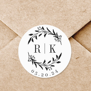 Pegatina Redonda Monograma del Boda de la guirnalda botánica