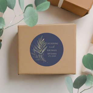 Pegatina Redonda Monograma del Boda de la hoja de oro azul de la Ma