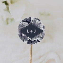 Pegatina Redonda Monograma del Boda de orquídeas de medianoche