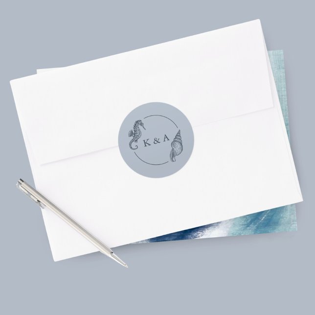 Pegatina Redonda Monograma del caballito de mar y del Boda de la cu (Subido por el creador)