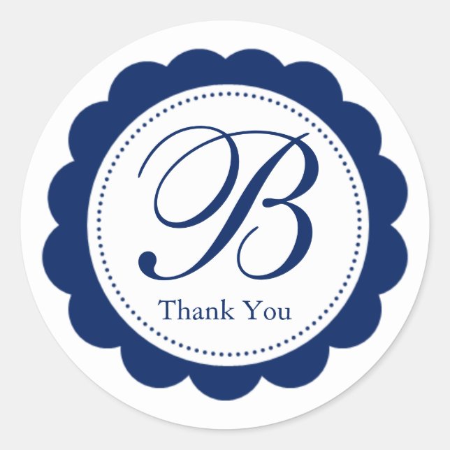 Pegatina Redonda Monograma del círculo azul de la vieira blanca (Anverso)