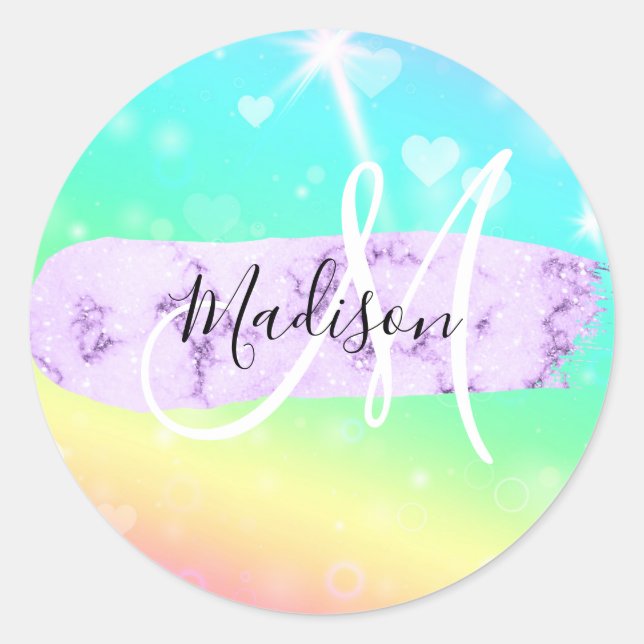 Pegatina Redonda Monograma del corazón del arcoiris de Unicornio de (Anverso)