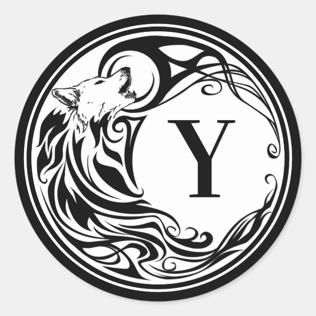 Pegatina Redonda Monograma del lobo tribal (Anverso)