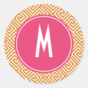 Pegatina Redonda Monograma del modelo de clave griega rosada naranj