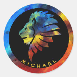 Pegatina Redonda Monograma del nombre de la acuarela del león de la