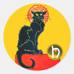 PEGATINA REDONDA MONOGRAMA DEL PARTIDO GATO HALLOWEEN NEGRO