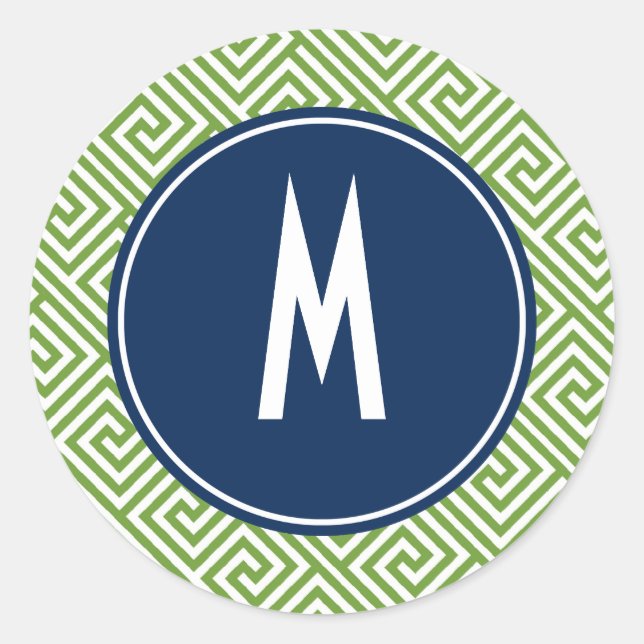 Pegatina Redonda Monograma del patrón de clave griega verde y azul  (Anverso)