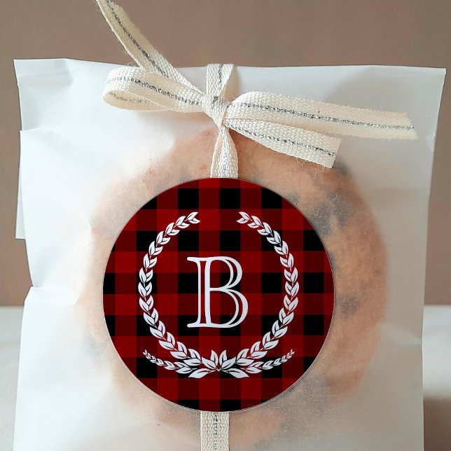 Pegatina Redonda Monograma del patrón de comprobación de búfalo roj (Subido por el creador)