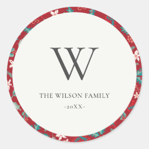 Pegatina Redonda Monograma del patrón floral de los Navidades de l