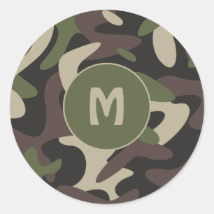 Pegatina Redonda Monograma del patrón verde marrón del camuflaje mi