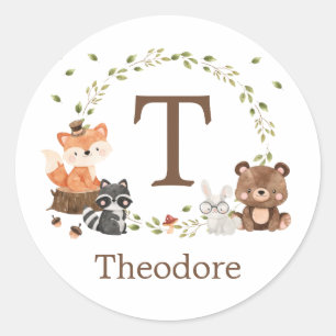 Pegatina Redonda Monograma del Personalizado de animales de Woodlan