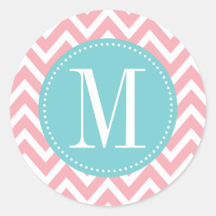 Pegatina Redonda Monograma del Personalizado de cheurón azul claro 