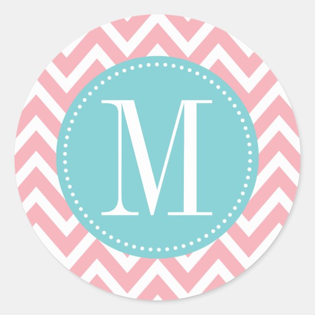 Pegatina Redonda Monograma del Personalizado de cheurón azul claro  (Anverso)