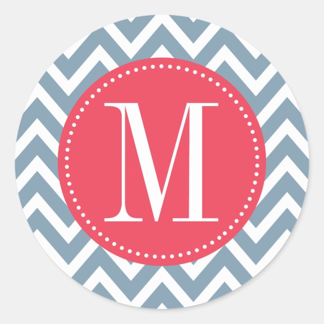 Pegatina Redonda Monograma del Personalizado de cheurón rosa y azul (Anverso)