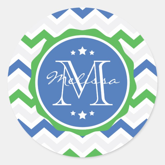Pegatina Redonda Monograma del Personalizado de Chevron azul y verd (Anverso)