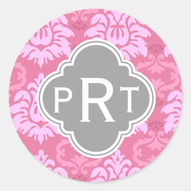 Pegatina Redonda Monograma del trío de damasco rosado (Anverso)