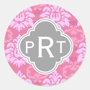 Pegatina Redonda Monograma del trío de damasco rosado