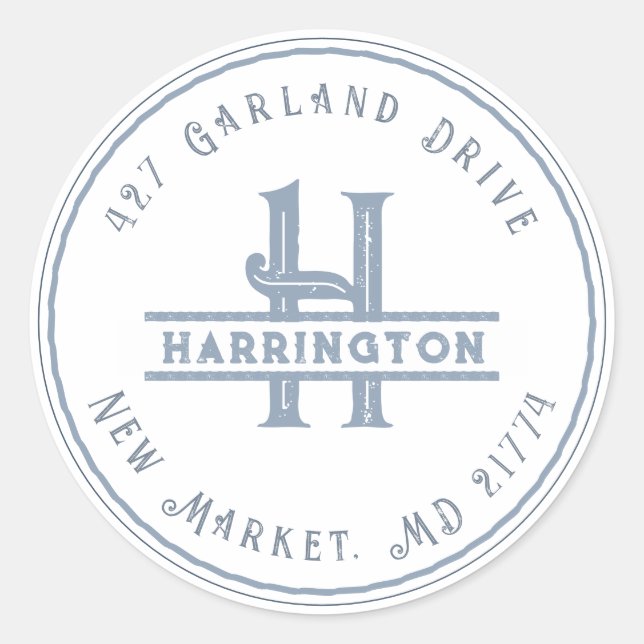 Pegatina Redonda Monograma Dirección inicial Grunge Blue personaliz (Anverso)