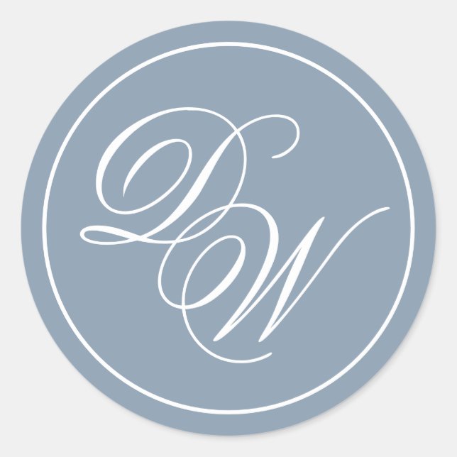 Pegatina Redonda Monograma Dusty Blue Elegant White Script Iniciale (Anverso)