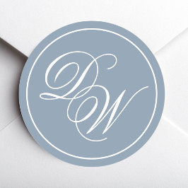Pegatina Redonda Monograma Dusty Blue Elegant White Script Iniciale