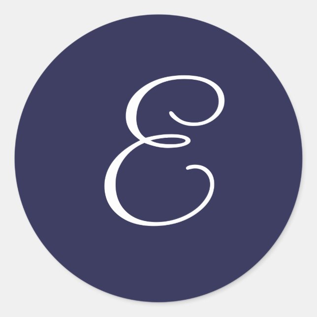 Pegatina Redonda Monograma E, blanco sobre azul marino, (Anverso)