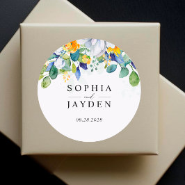 Pegatina Redonda Monograma elegante de boda azul blanco amarillo fl