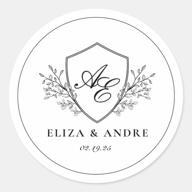 Pegatina Redonda Monograma elegante de Escudo blanco y negro (Anverso)