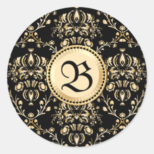Pegatina Redonda Monograma elegante elegante oro Damask Medieval Ne