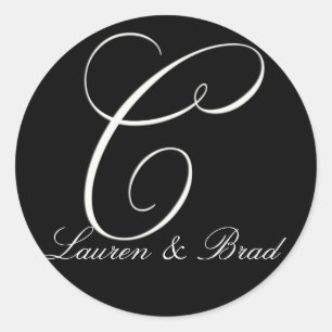 Pegatina Redonda Monograma elegante en blanco y negro - C inicial